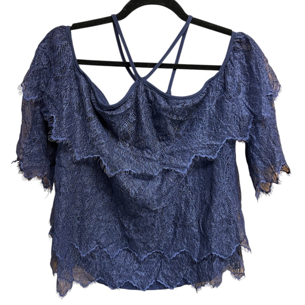 White House Black Market Navy Lace Off Shoulder Blouse
